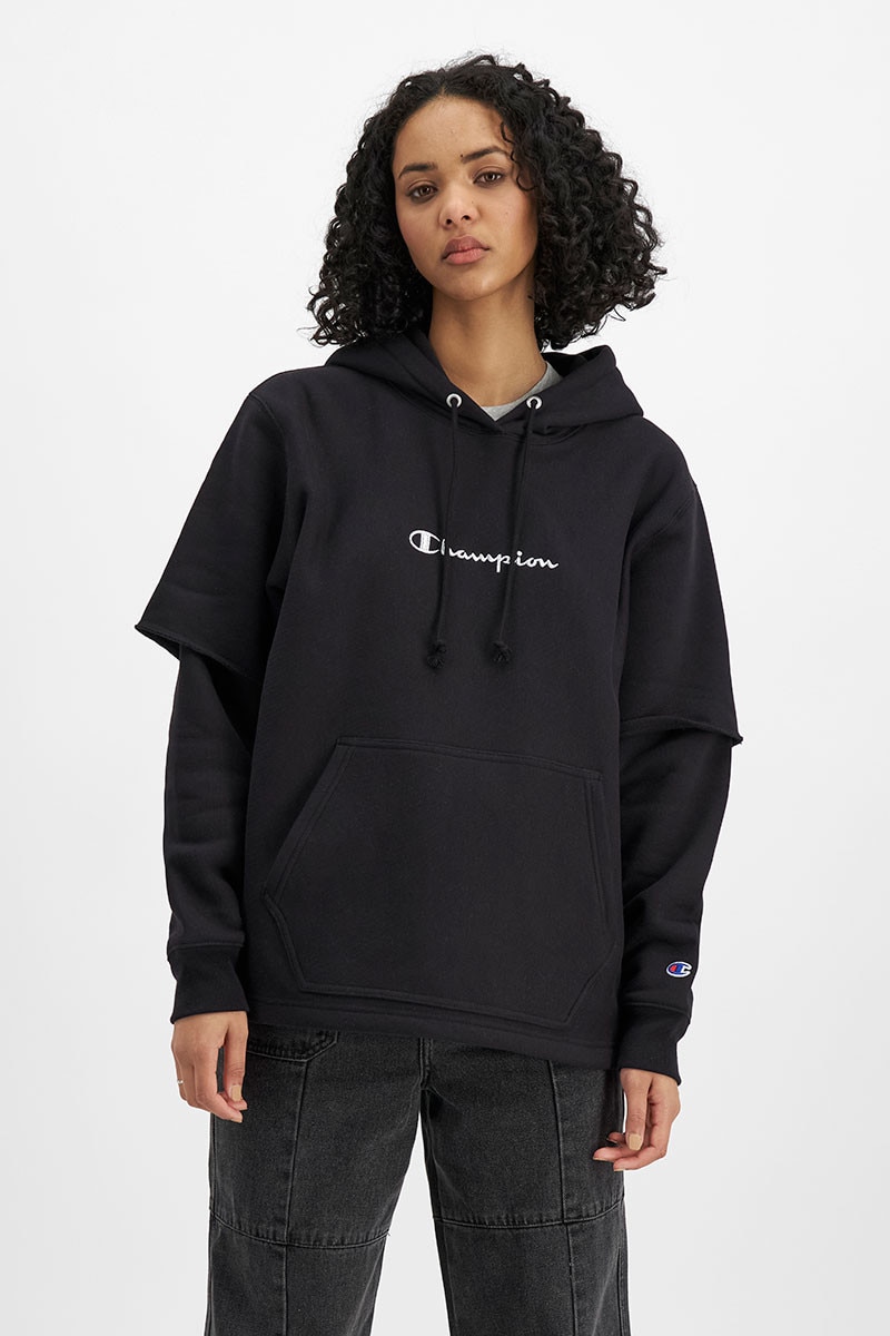 Reverse Weave Liquid Metal Logo Layered Hoodie