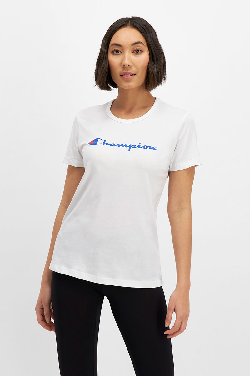 Champion script white t shirt hot sale