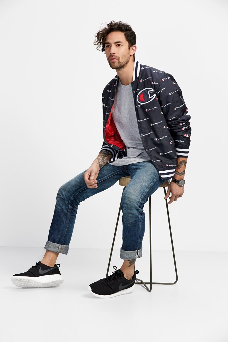 Champion satin navy baseball jacket discount